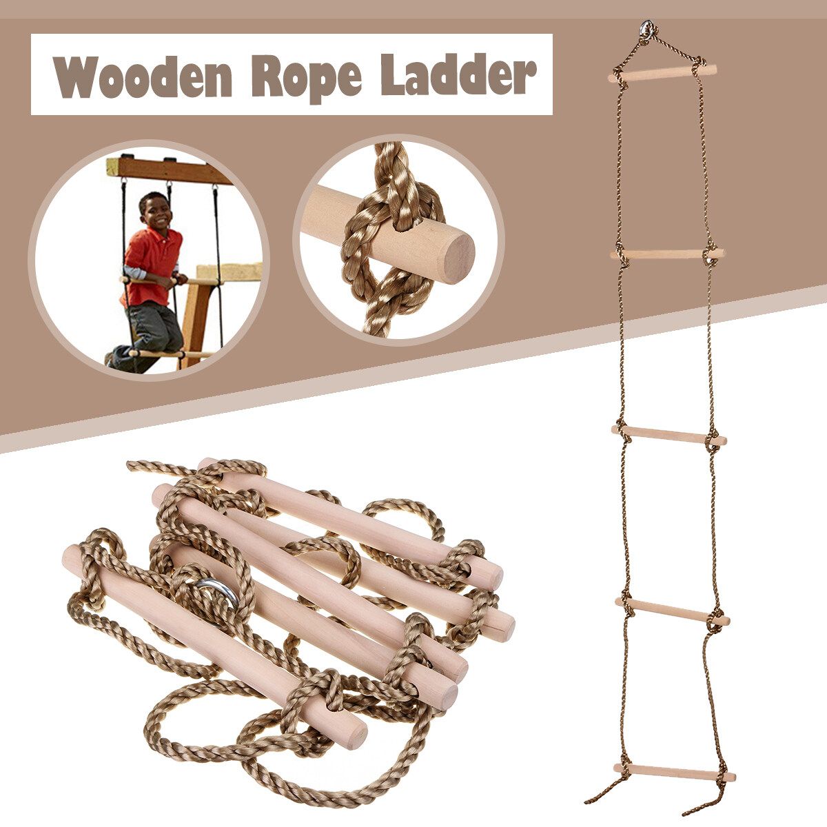 Kids Garden Outdoor Swings 5 Rungs Climbing Rope Ladder Wooden Child Safety Play