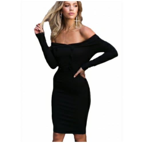 False Double Breasted Off Shoulder Dress - Black