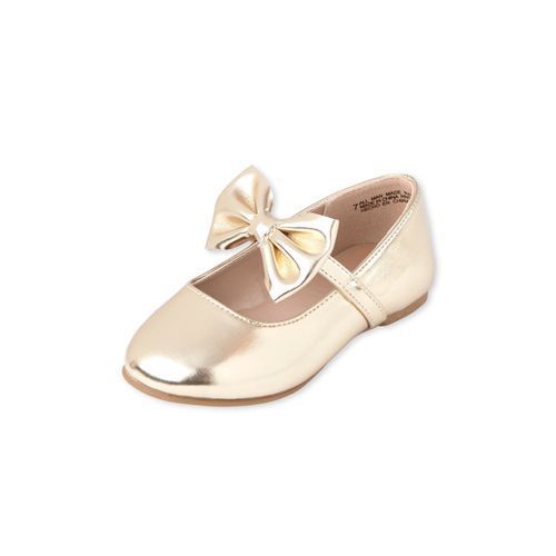 Girls Metallic Glitters Bow Strap Ballet Flats- Gold