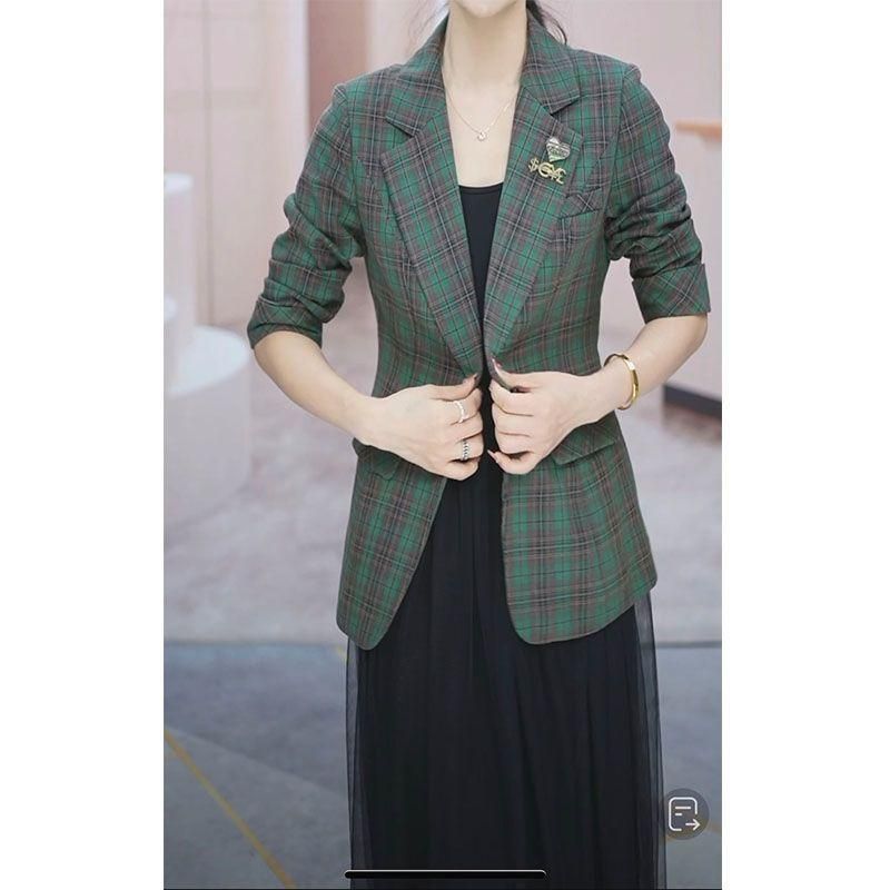 Suit Jacket for Women 2023 Spring New Western Style plus Size Slim Fit Slimming Versatile Long Sleeves Plaid Suit Fashionable Top