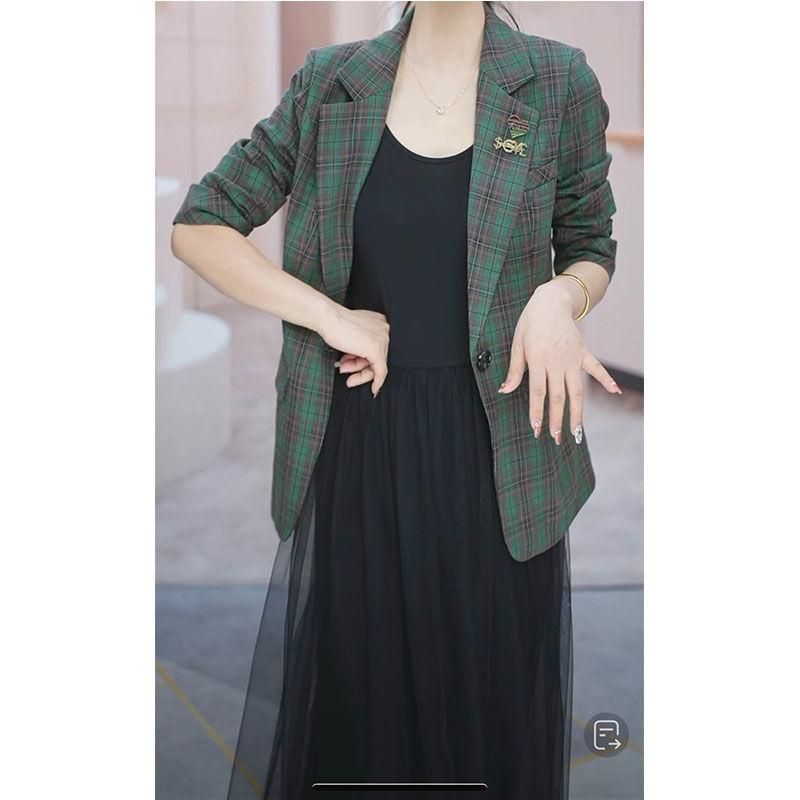 Suit Jacket for Women 2023 Spring New Western Style plus Size Slim Fit Slimming Versatile Long Sleeves Plaid Suit Fashionable Top