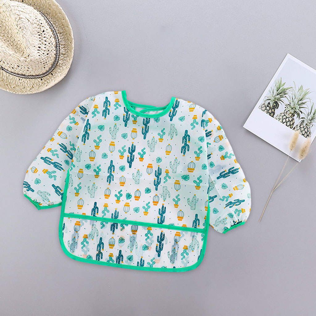 Kids Feeding Bib Waterproof Wipe Clean Long Sleeve Green Cactus