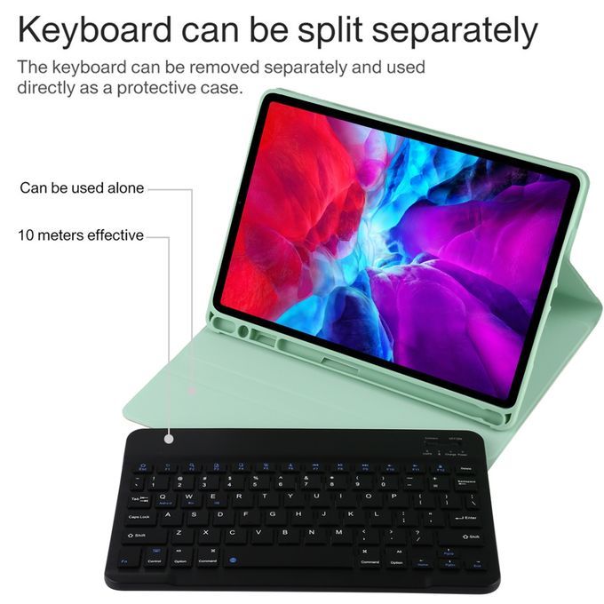 TG11B Detachable Bluetooth Black Keyboard + Microfiber Leather Protective Case For IPad Pro 11 Inch (2020), With Pen Slot & Holder (Green)