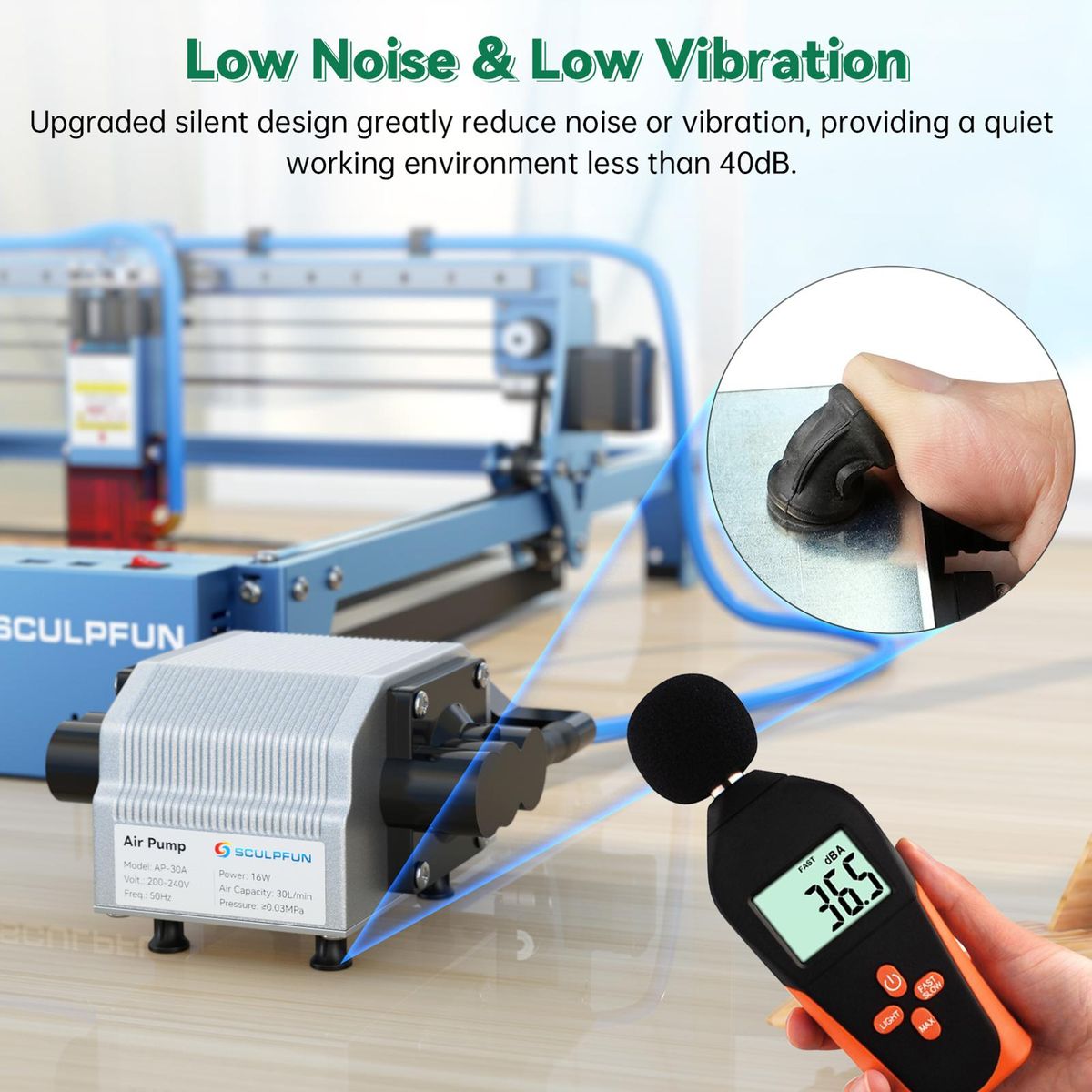 SCULPFUN 30L/Min Laser Air Assist Pump Air Compressor for S10 Laser Engraving Machine Adjustable Speed Low Noise Low Vibration Stable Output Upgraded Laser Engraving and Cutting Machine Accessory