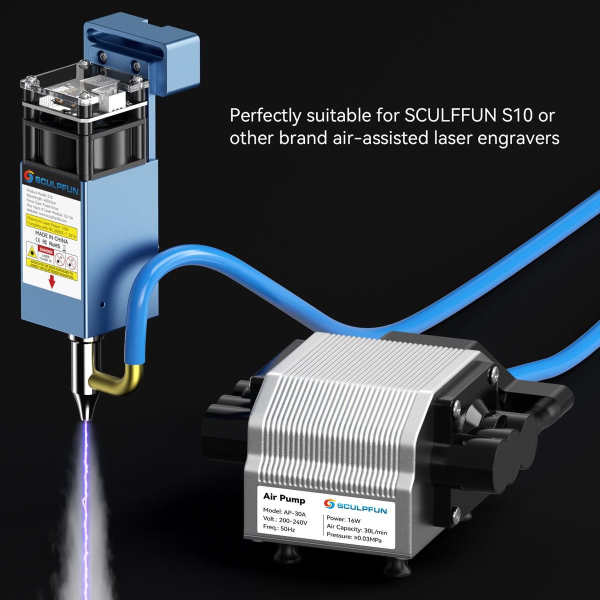 SCULPFUN 30L/Min Laser Air Assist Pump Air Compressor for S10 Laser Engraving Machine Adjustable Speed Low Noise Low Vibration Stable Output Upgraded Laser Engraving and Cutting Machine Accessory