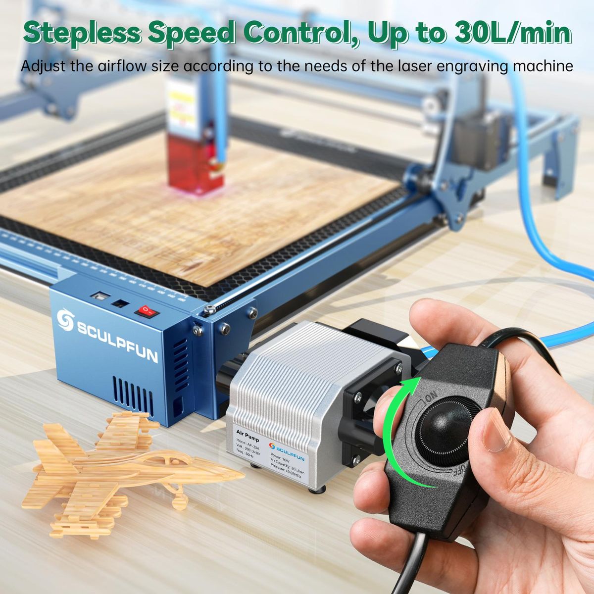 SCULPFUN 30L/Min Laser Air Assist Pump Air Compressor for S10 Laser Engraving Machine Adjustable Speed Low Noise Low Vibration Stable Output Upgraded Laser Engraving and Cutting Machine Accessory