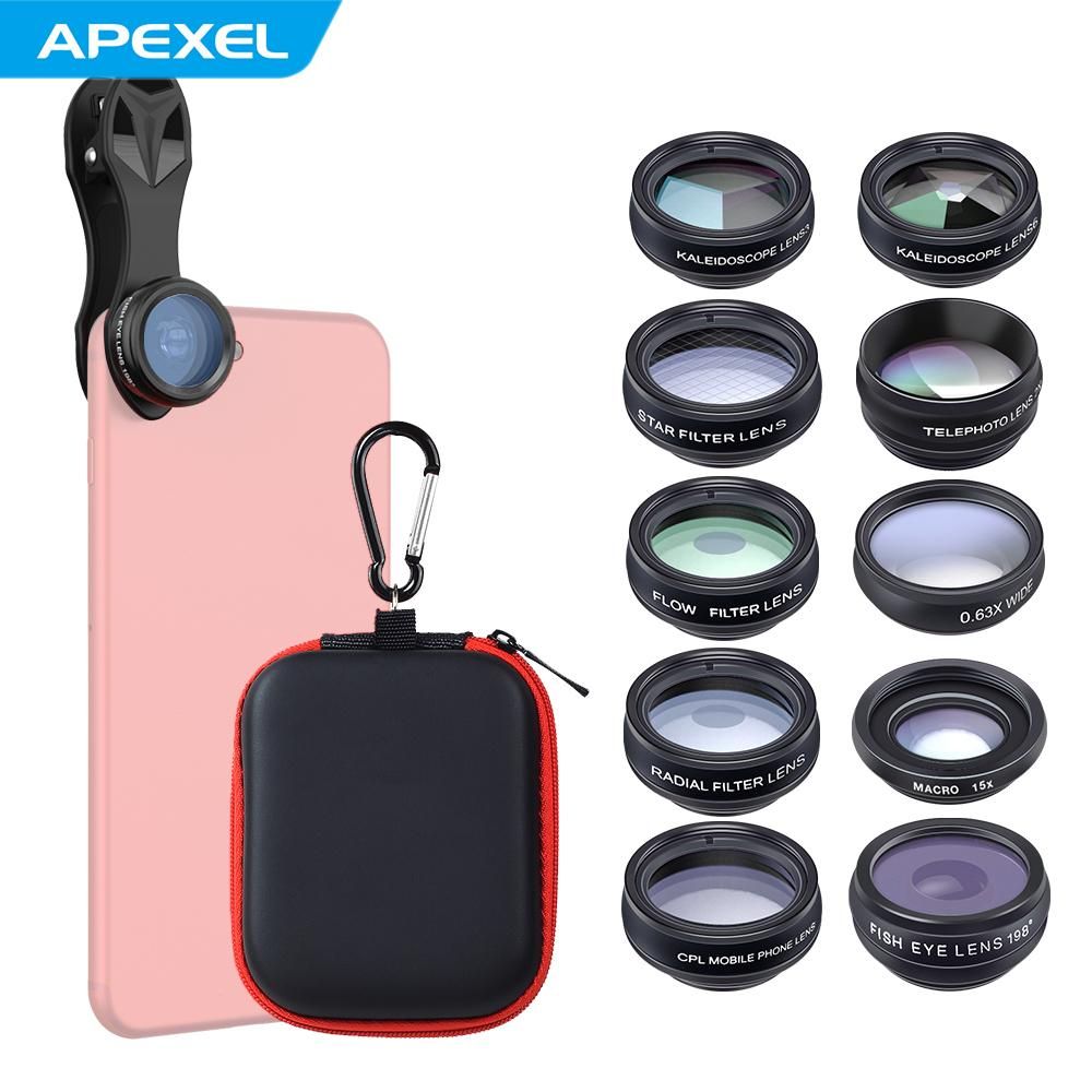 APEXEL 10 in 1 Phone Camera Lens Kit with 0.63X Wide Angle + 15X Macro + 198°Fisheye + 2X Telephoto + CPL + Star Filter + Radial Filter + Flow Filter + Kaleidoscope 3 + Kaleidoscope 6 Compatible with Android iPhone
