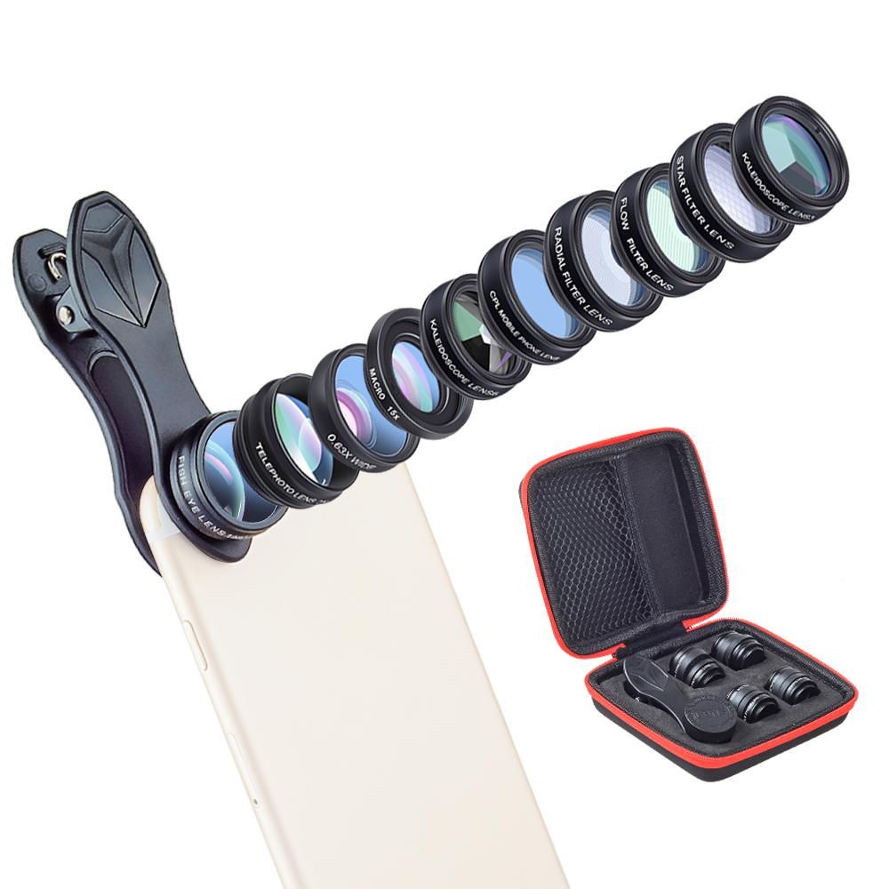 APEXEL 10 in 1 Phone Camera Lens Kit with 0.63X Wide Angle + 15X Macro + 198°Fisheye + 2X Telephoto + CPL + Star Filter + Radial Filter + Flow Filter + Kaleidoscope 3 + Kaleidoscope 6 Compatible with Android iPhone