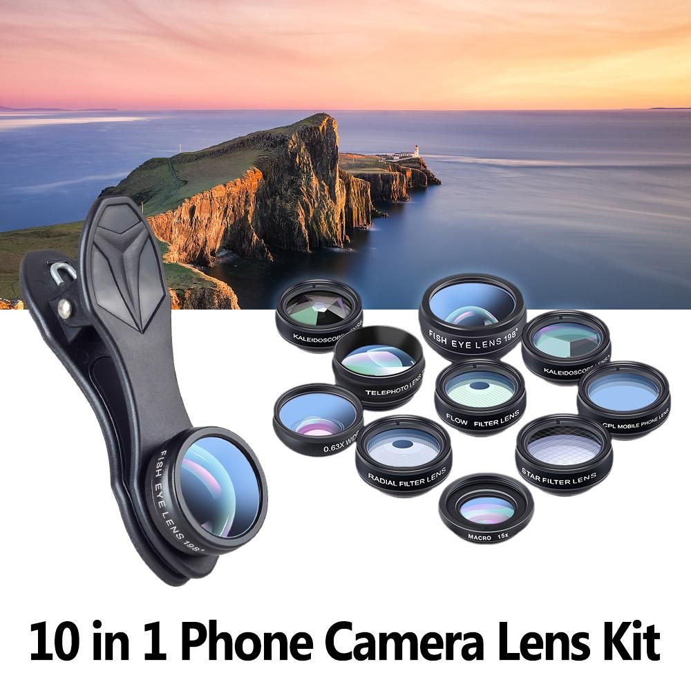APEXEL 10 in 1 Phone Camera Lens Kit with 0.63X Wide Angle + 15X Macro + 198°Fisheye + 2X Telephoto + CPL + Star Filter + Radial Filter + Flow Filter + Kaleidoscope 3 + Kaleidoscope 6 Compatible with Android iPhone