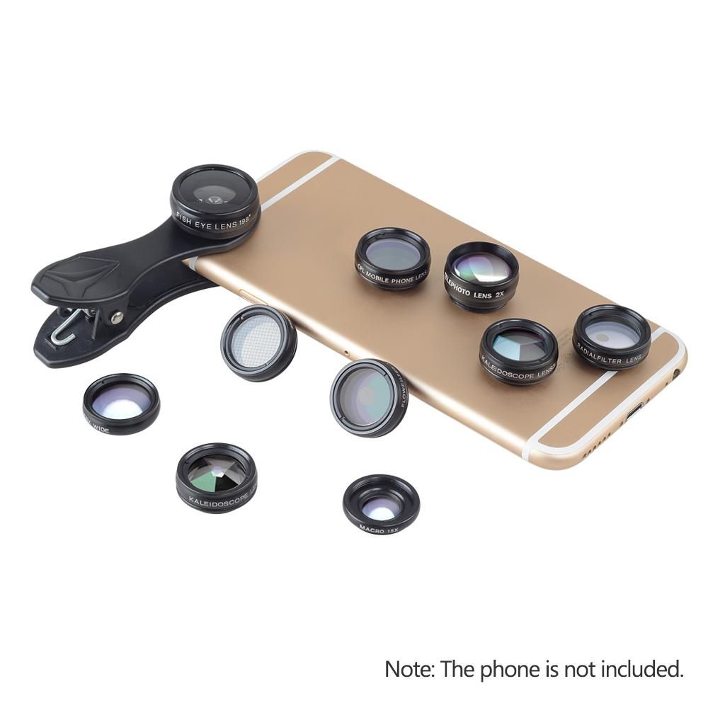 APEXEL 10 in 1 Phone Camera Lens Kit with 0.63X Wide Angle + 15X Macro + 198°Fisheye + 2X Telephoto + CPL + Star Filter + Radial Filter + Flow Filter + Kaleidoscope 3 + Kaleidoscope 6 Compatible with Android iPhone