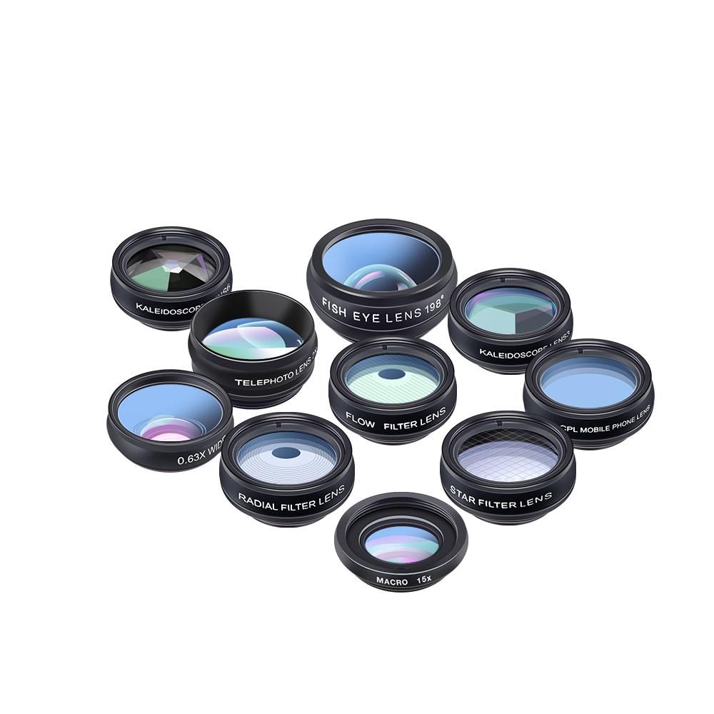 APEXEL 10 in 1 Phone Camera Lens Kit with 0.63X Wide Angle + 15X Macro + 198°Fisheye + 2X Telephoto + CPL + Star Filter + Radial Filter + Flow Filter + Kaleidoscope 3 + Kaleidoscope 6 Compatible with Android iPhone