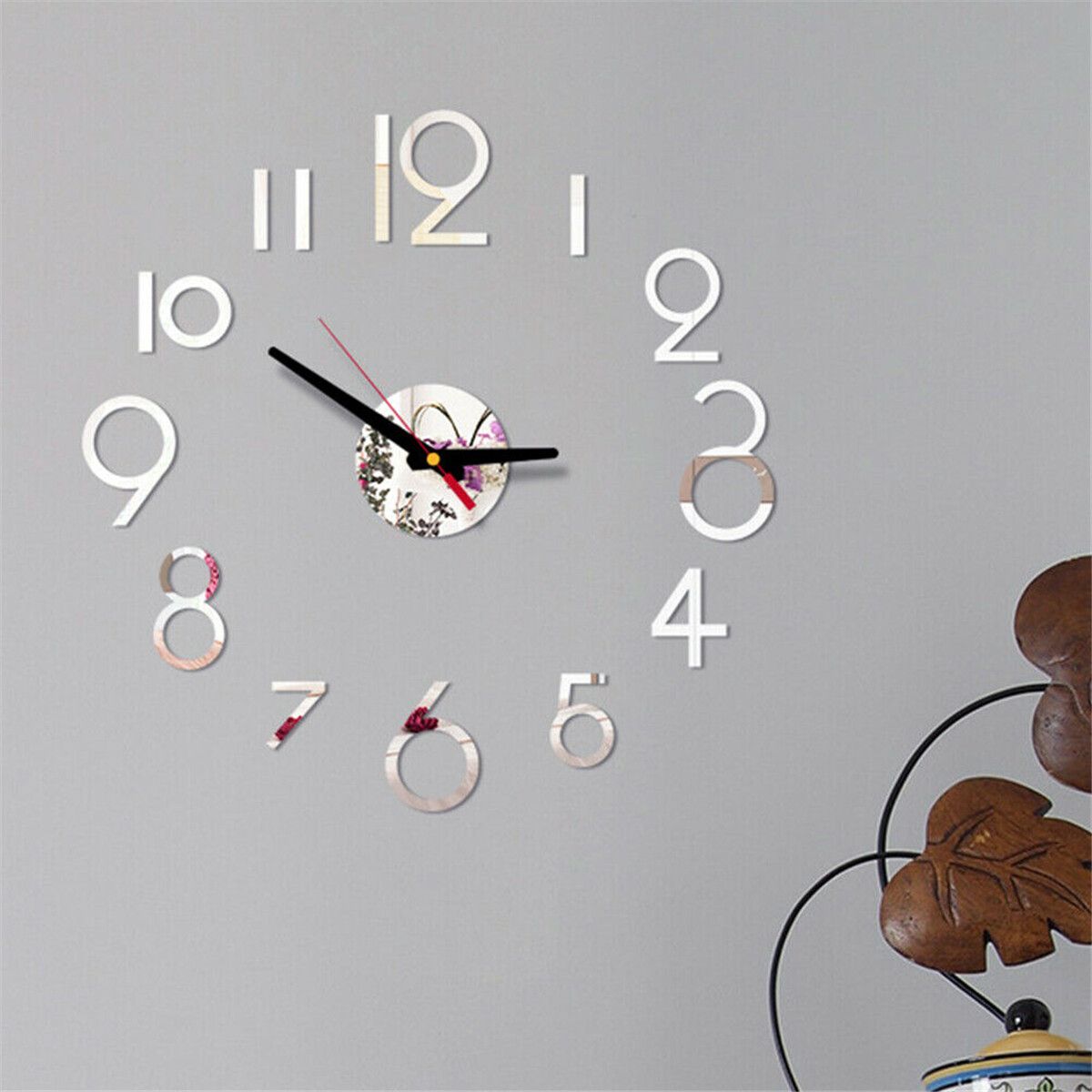 DIY Wall Clock 3D Surface Mirror Numerals Room Office Sticker Home Modern Silver