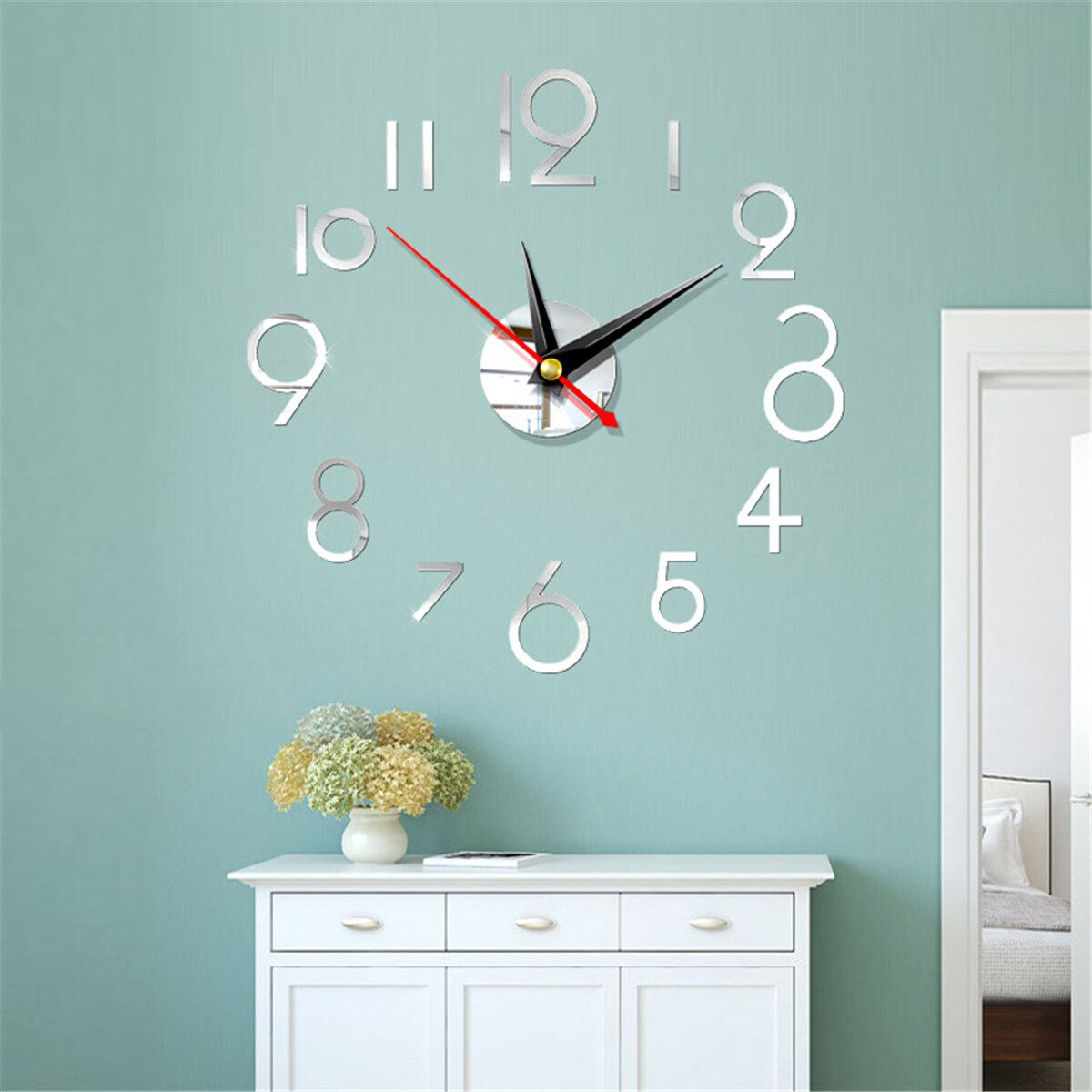 DIY Wall Clock 3D Surface Mirror Numerals Room Office Sticker Home Modern Silver