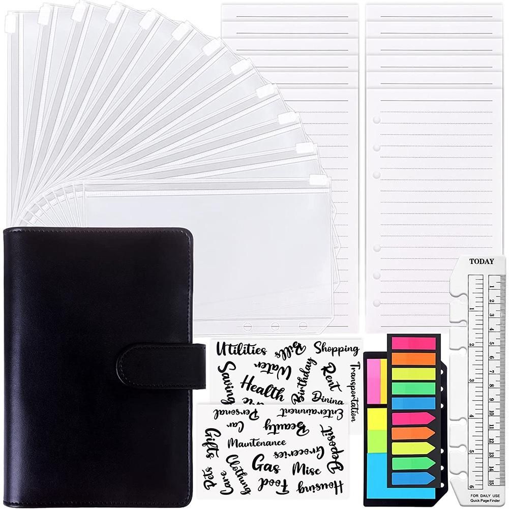 A6 PU Notebook Binder Budget Planner 6 Ring Binder Cover Categories Letter Sticker Cash Budget Label Neon Page Black