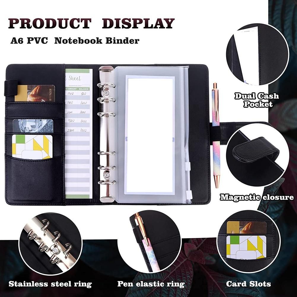 A6 PU Notebook Binder Budget Planner 6 Ring Binder Cover Categories Letter Sticker Cash Budget Label Neon Page Black