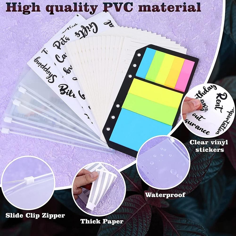 A6 PU Notebook Binder Budget Planner 6 Ring Binder Cover Categories Letter Sticker Cash Budget Label Neon Page Black