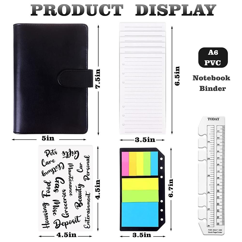 A6 PU Notebook Binder Budget Planner 6 Ring Binder Cover Categories Letter Sticker Cash Budget Label Neon Page Black