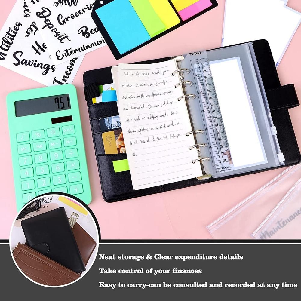 A6 PU Notebook Binder Budget Planner 6 Ring Binder Cover Categories Letter Sticker Cash Budget Label Neon Page Black