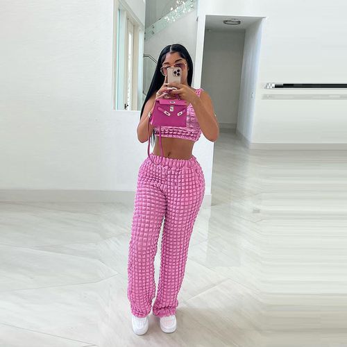 Stacked Two Piece Set Women Square Collar Camisole+ High Waist Straight Pant