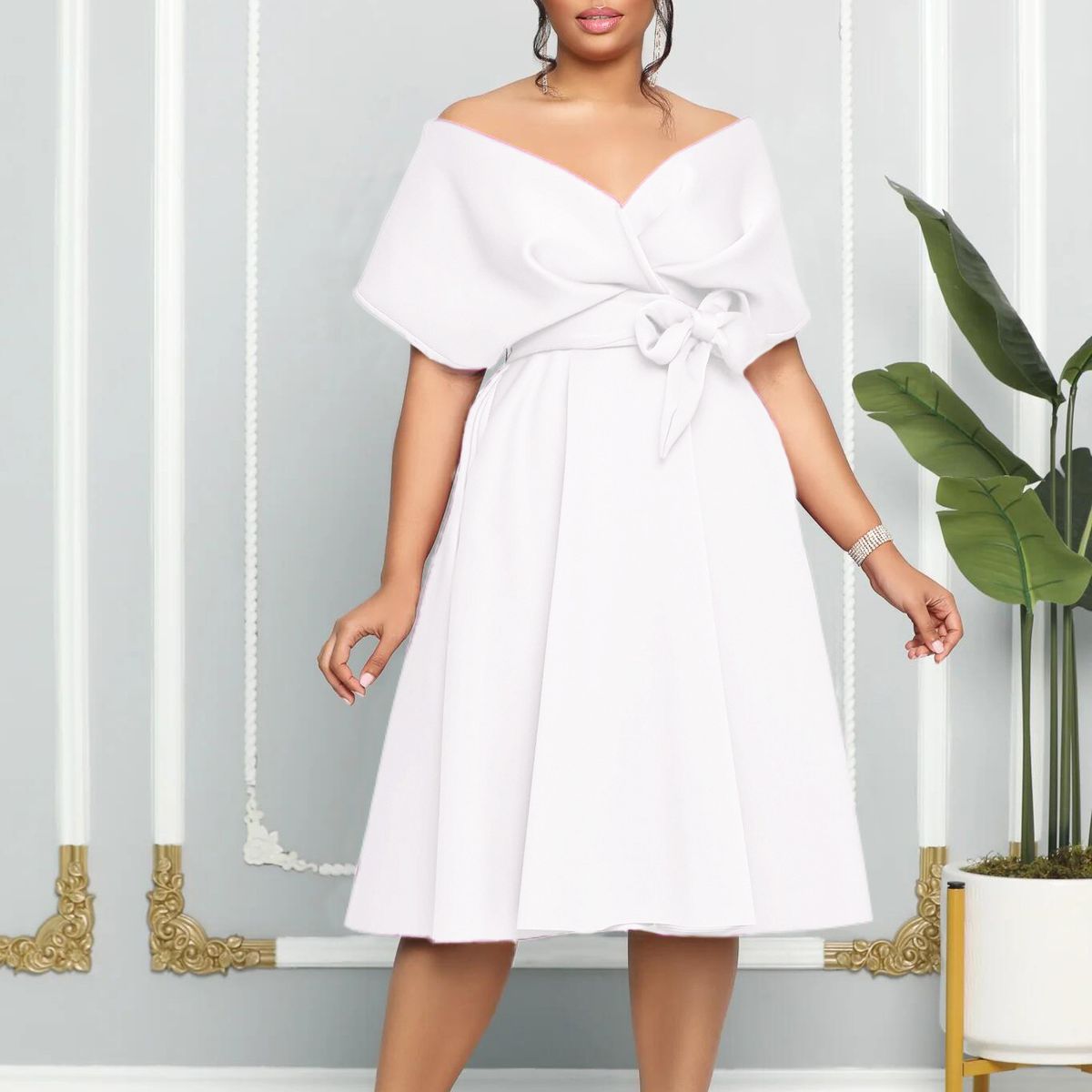 (White)Plus Size Evening Women Dress Off Shoulder V Neck Elegant Club Outfit Casual Luxury Wedding Gown 2023 Summer Party New In Dress SAB