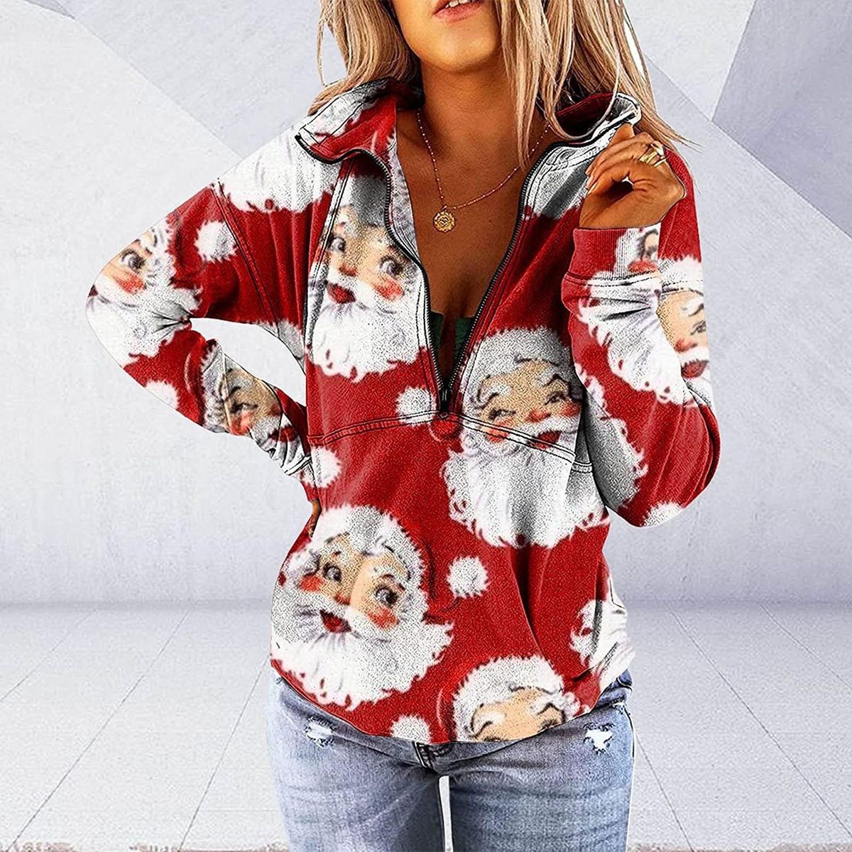Women's V-Neck Zipper Christmas Print Long-sleeved Sweatshirt Blouse P