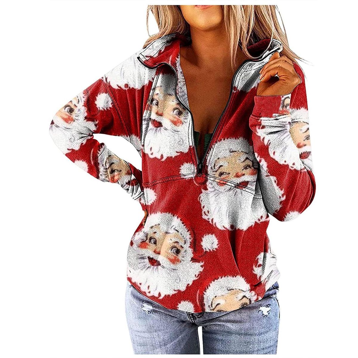 Women's V-Neck Zipper Christmas Print Long-sleeved Sweatshirt Blouse P