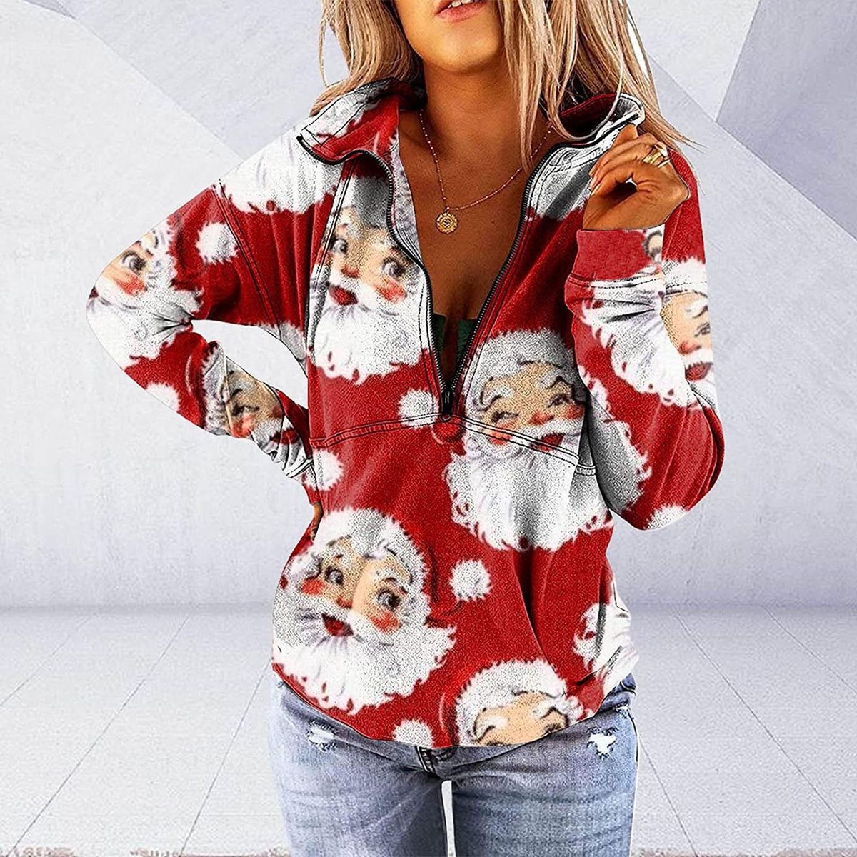 Women's V-Neck Zipper Christmas Print Long-sleeved Sweatshirt Blouse P