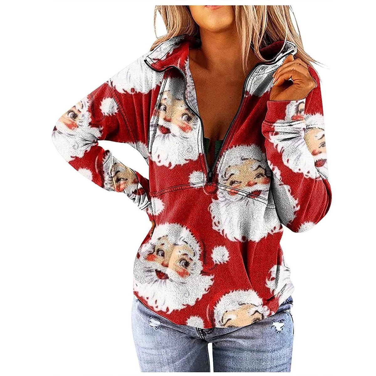 Women's V-Neck Zipper Christmas Print Long-sleeved Sweatshirt Blouse P