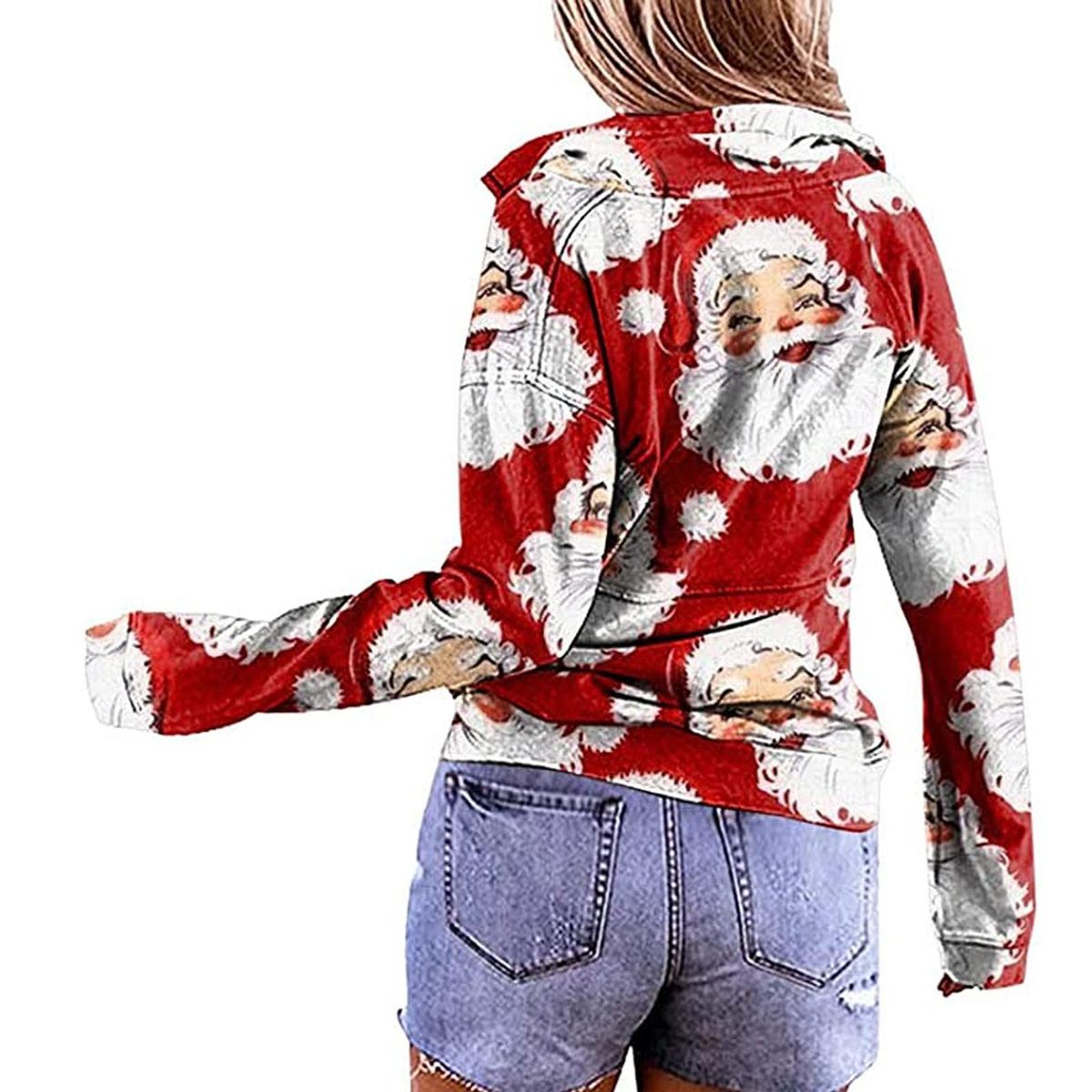 Women's V-Neck Zipper Christmas Print Long-sleeved Sweatshirt Blouse P