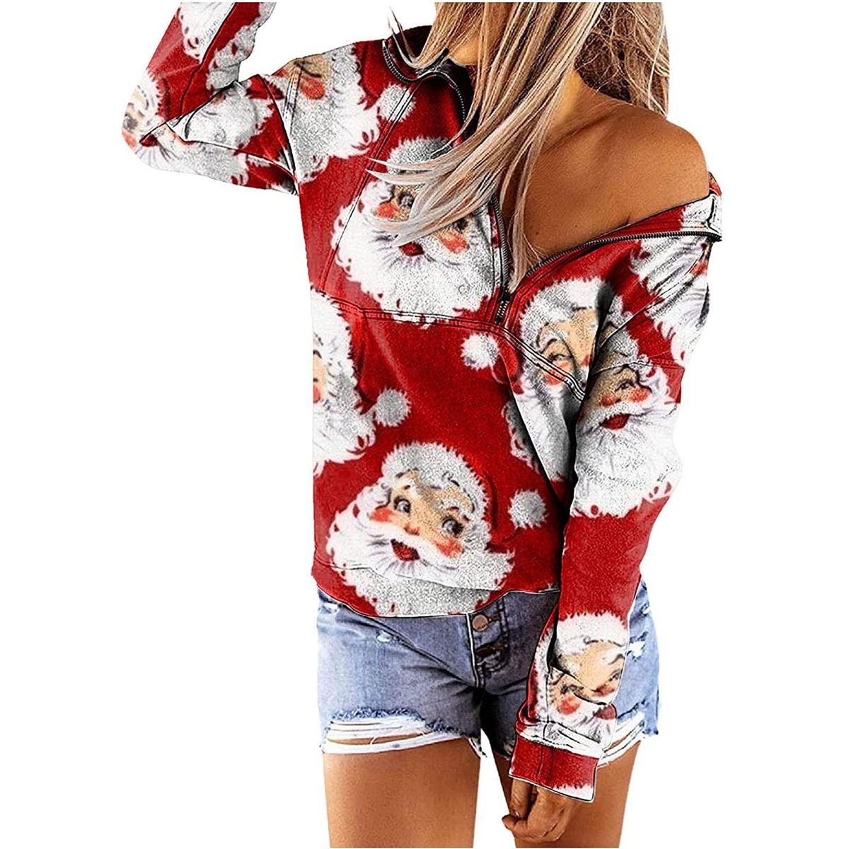 Women's V-Neck Zipper Christmas Print Long-sleeved Sweatshirt Blouse P