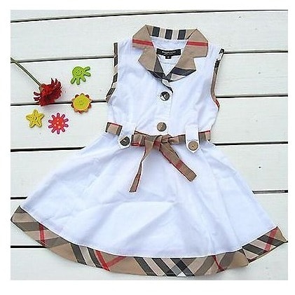 Girl's Mid Length Dress - White With Tartan Details