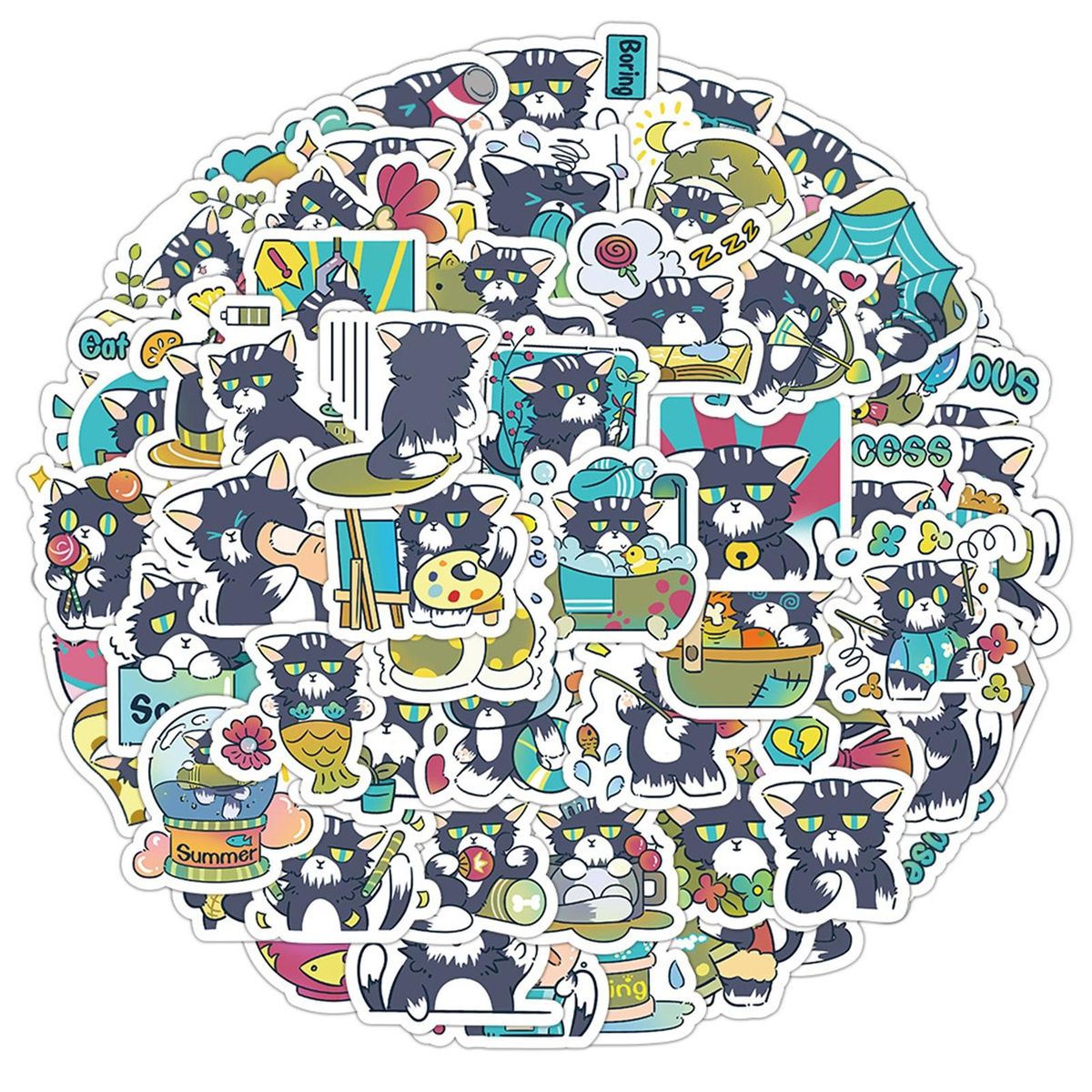 60Pcs Cartoon Stickers Cartoon Cat Stickers Water Bottle DIY Phone Stickers