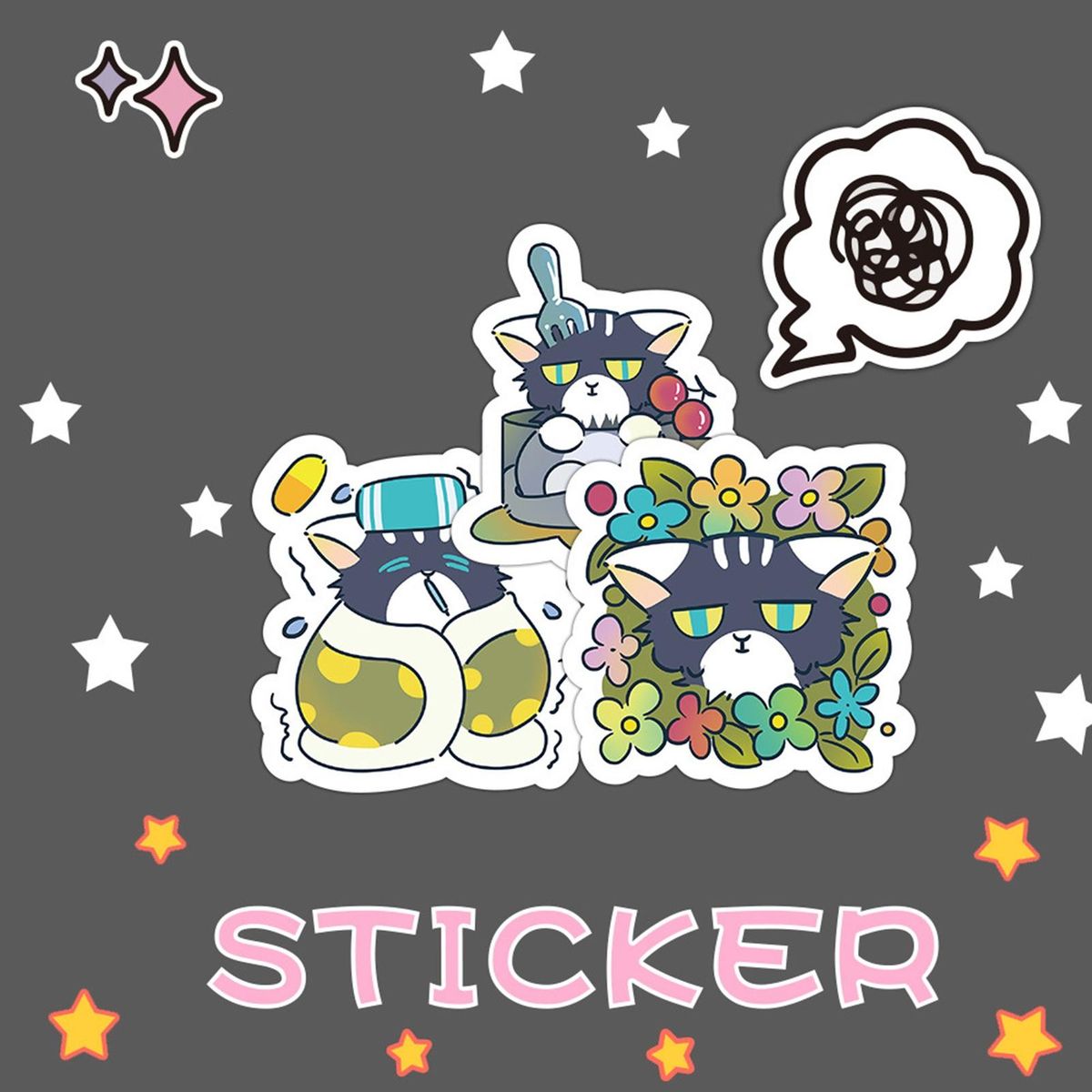 60Pcs Cartoon Stickers Cartoon Cat Stickers Water Bottle DIY Phone Stickers
