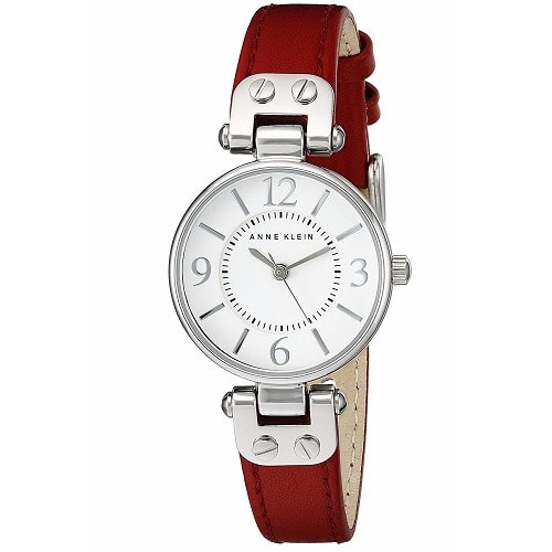 Women's Silver-Tone Watch with White Dial Leather Strap Watch-Red