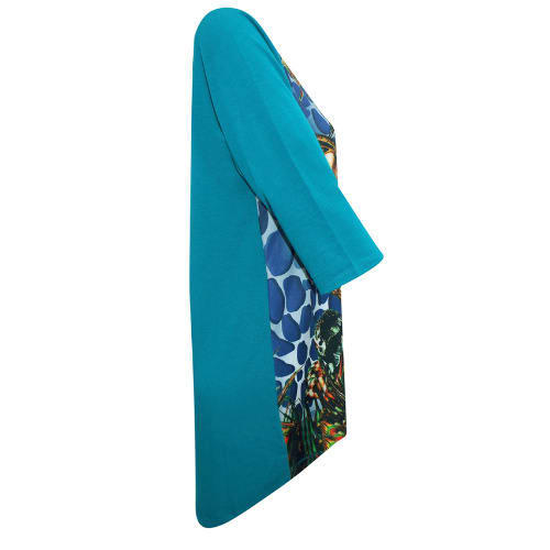 Ivans Plus Size Butterfly Printed Front Panel Dipped Back Tunic Top - Turquoise