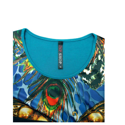 Ivans Plus Size Butterfly Printed Front Panel Dipped Back Tunic Top - Turquoise
