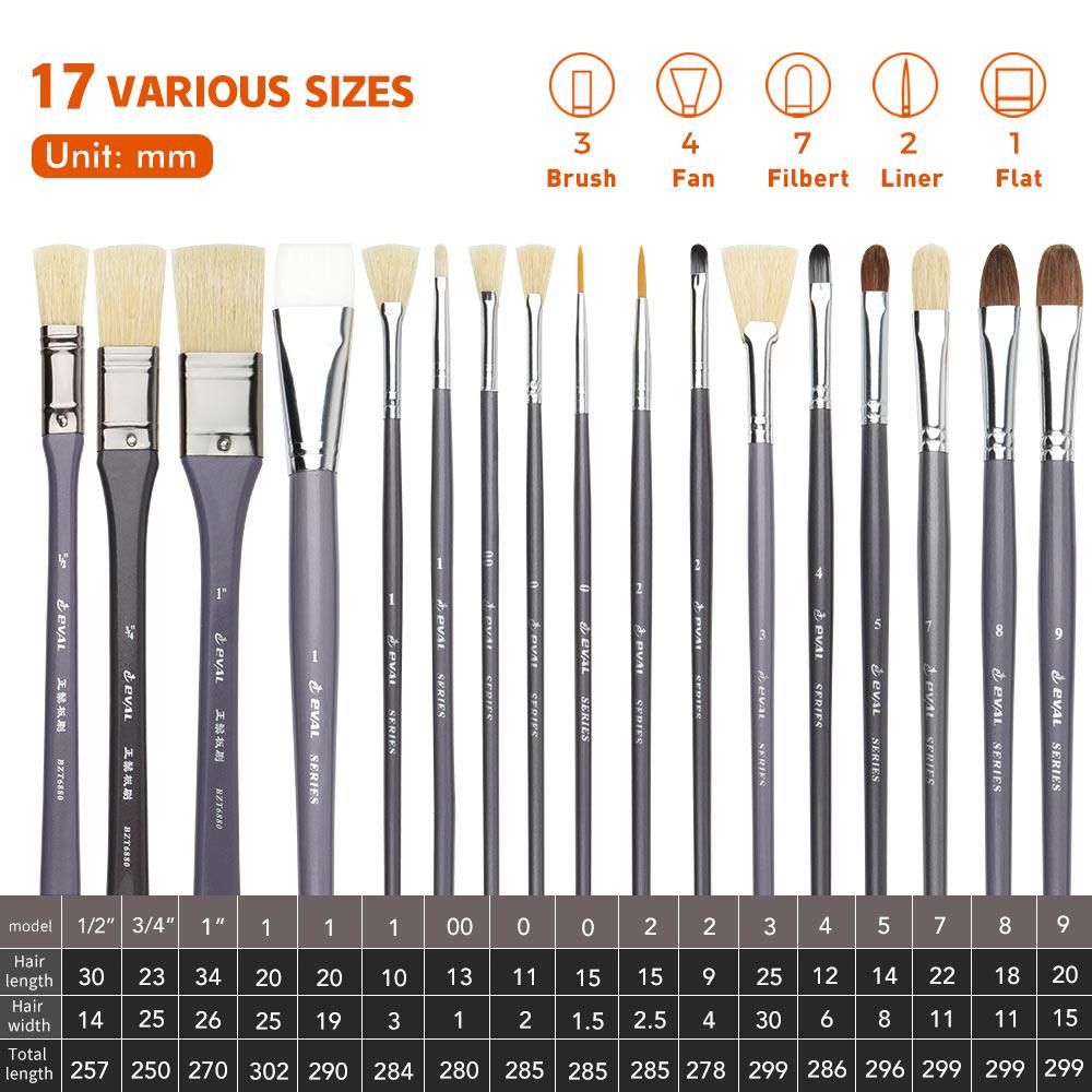 EVAL 17PCS Paint Art Brushes Hog Bristle Watercolor Paint Brush Set Fan Hook Liner Brush for Oil Acrylic Painting Pen
