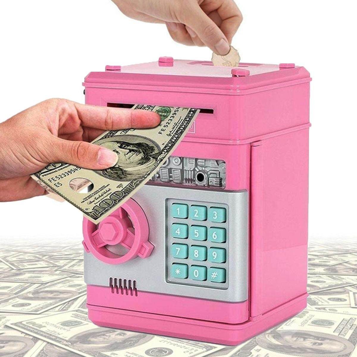 Electronic Password Piggy ATM Money Box Cash Coins Saving Storing Box Pink + Silver