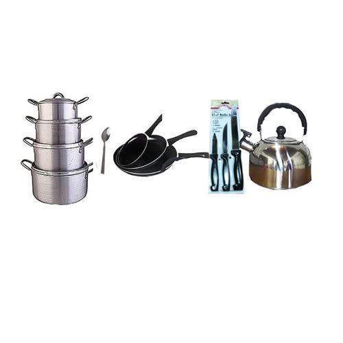 Pot + Frying Pan + Kettle + Table Spoon And Knife Set Bundle