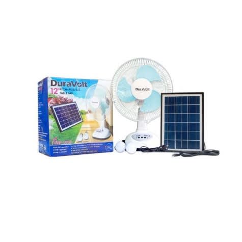 12" Rechargeable Table Fan With Solar Panel - 2 Bulbs - 12W