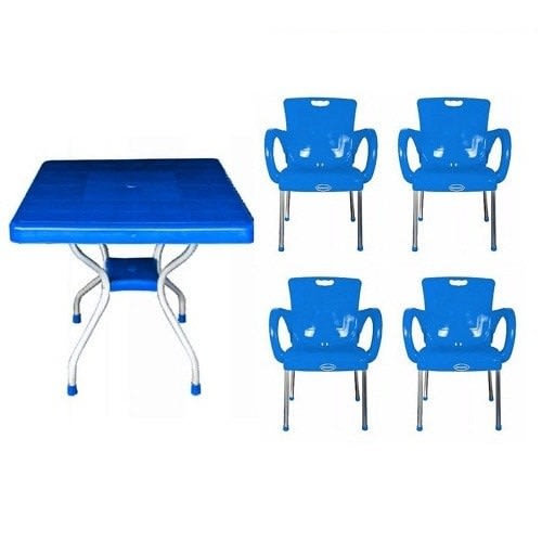 Plastic Chair With Arms And Table With Iron Legs - Blue