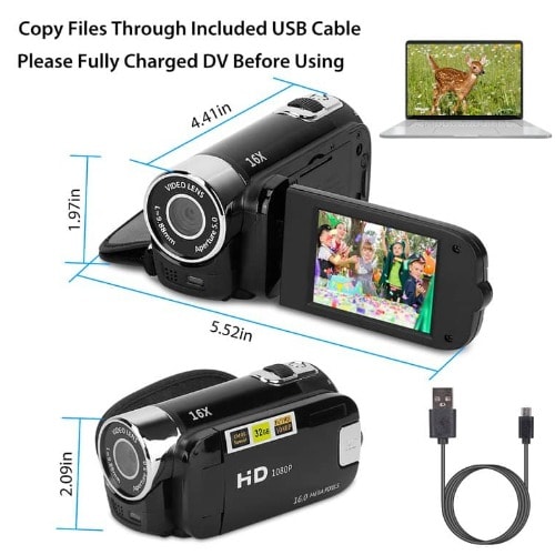 1080P Digital Video Camera HD Portable Camcorder 16x Zoom Recorder with Extra Battery