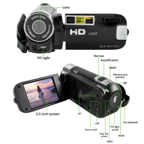 1080P Digital Video Camera HD Portable Camcorder 16x Zoom Recorder with Extra Battery