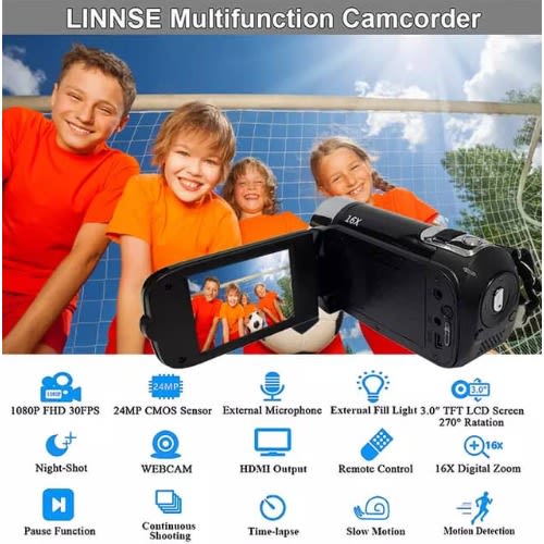 1080P Digital Video Camera HD Portable Camcorder 16x Zoom Recorder with Extra Battery