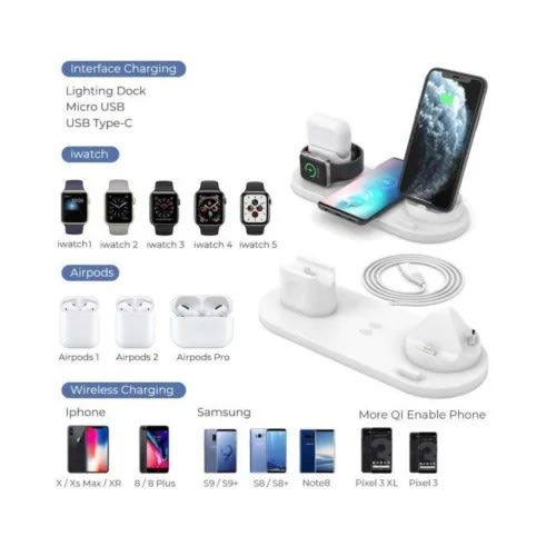 Wireless 6 In 1 Multi Function Charging Station - White