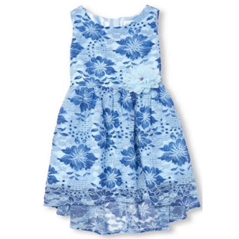 Lace Hi-low Dress With Corsage - Blue