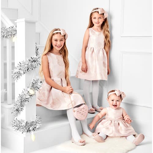 Girl's Foil Floral Jacquard Fit & Flare Short Dress - Blush Pink