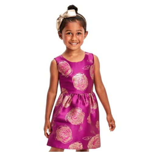 Girl's Metallic Floral Jacquard Fit & Flare Short Dress - Pink