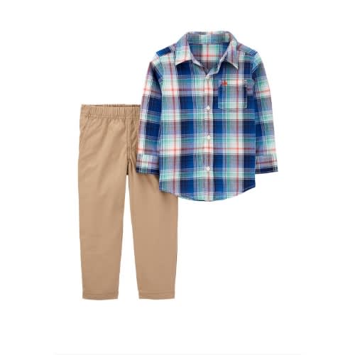 Checkered Plaid Long Shirt  & Chinos Khaki Pant - 2in1 Set