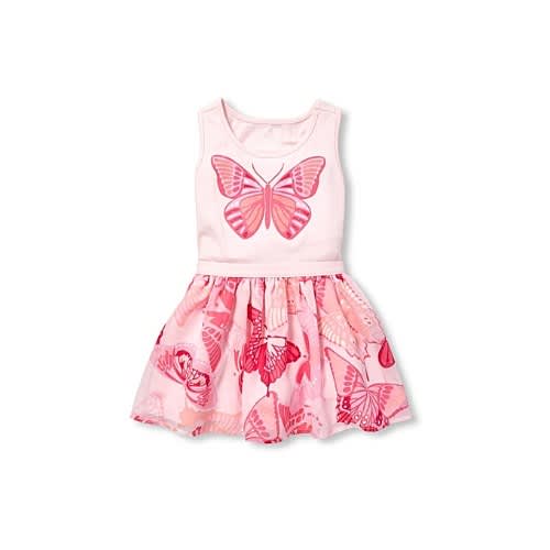 Girls Sleeveless Glitter Butterfly Knit Dress -pink
